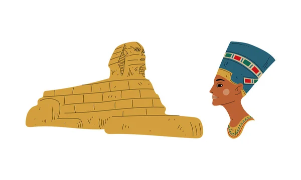 Nefertiti Busto como Gran Esposa Real del Faraón Egipcio y Androsphinx Set de Vectores de Estatua de Arena — Vector de stock