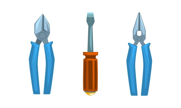 Herramienta y equipo de mano de electricista con pinzas y juego de vectores de destornillador — Vector de stock