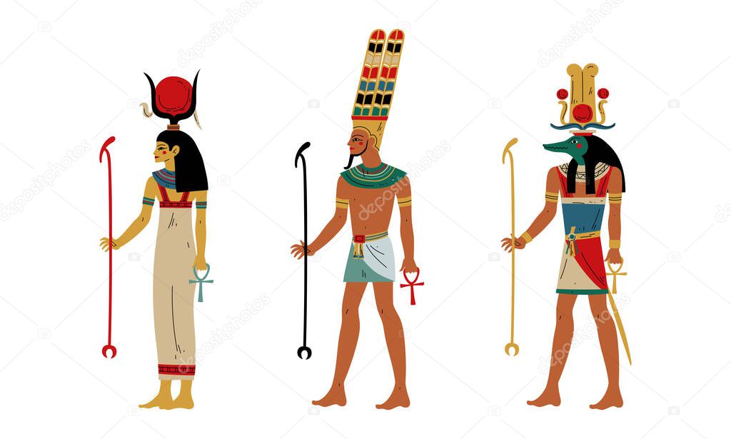 Hathor, Amun and Anubis as Ancient Egyptian Deity and Goddess Vector Set