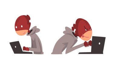 Hoody ve Maskeli Hacker Laptop Vektör Kümesi kullanarak Para Çalıyor