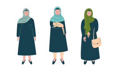 Kedi Evcil Hayvanı Tutan ve Çanta Vektörüyle Duran Müslüman Kadın