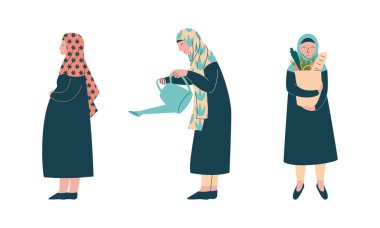 Başörtülü Müslüman Kadın Alışveriş Torbası ve Sulama Bitkisi Vektörü Ayarlandı