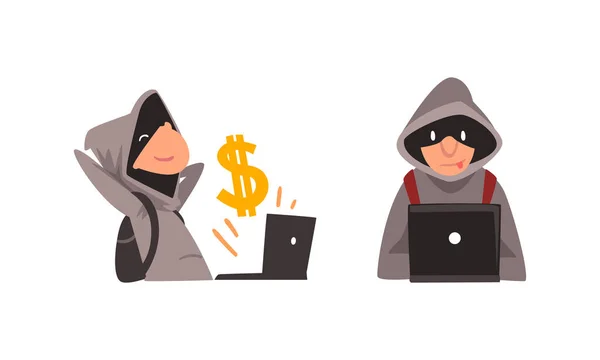 Man Cybercrimineel dragen van Black Mask Committing Network en Computer Crime Schadelijke beveiliging en financiële gezondheid Vector Set — Stockvector