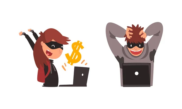 Hacker uomo e donna con cappuccio e maschera rubare soldi utilizzando computer portatile vettoriale Set — Vettoriale Stock