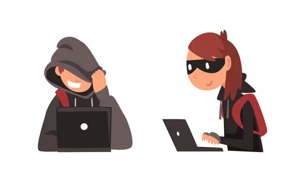 Man and Woman Hacker in Hoody and Mask Stealing Money Using Laptop Vector Set — Stock Vector