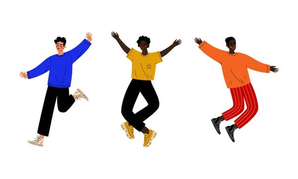 Joyeux jeune homme sautant avec ensemble vectoriel mains levées — Image vectorielle