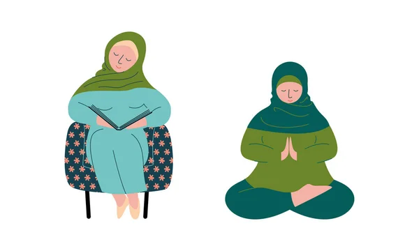 Femme musulmane dans le Hijab Livre de lecture et d'adoration Allah ensemble vecteur — Image vectorielle