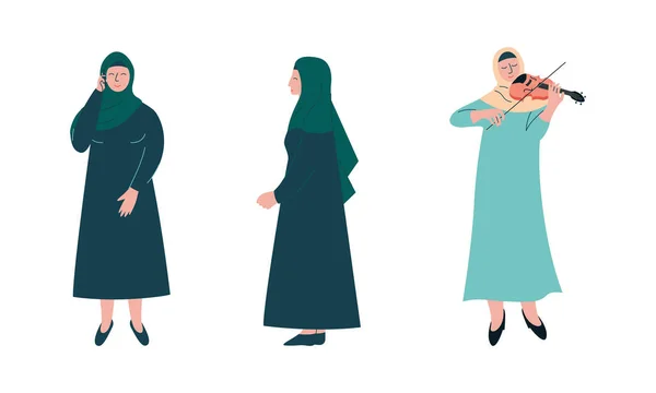 Muslim Woman in Hijab Playing Violin and Speaking by Phone Vector Set - Stok Vektor