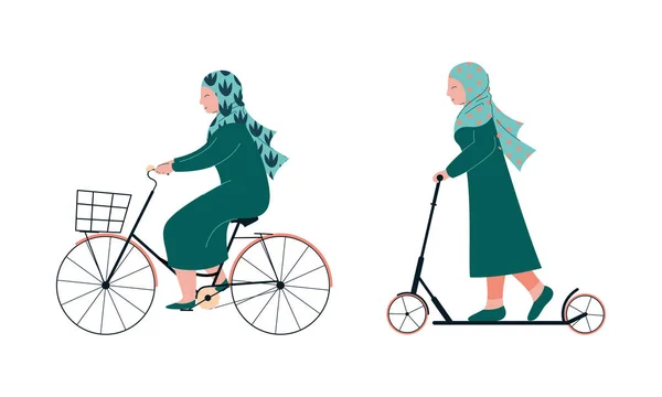 Muslim Woman in Hijab Riding Scooter and Cycling Vector Set — Stock Vector