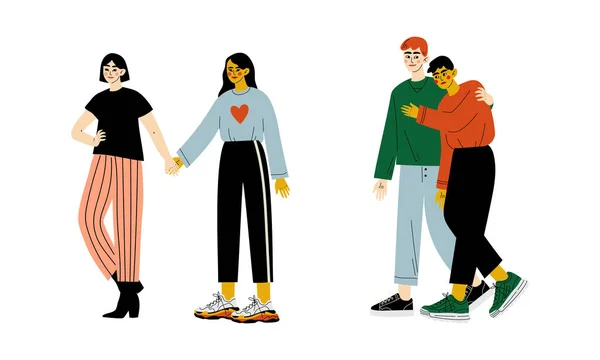 Couple homosexuel embrassant et tenant les mains marchant ensemble ensemble ensemble vectoriel — Image vectorielle