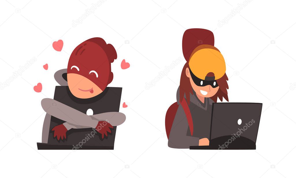 Hacker in Hoody and Mask Stealing Money Using Laptop Vector Set