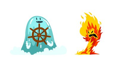 Roaring Fire and Water Fantastic Elemental Creature with Steering Wheel Vector Set clipart