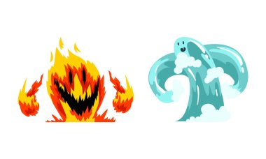 Fantastik Element Yaratık Vektörü Set Olarak Kükreyen Ateş ve Su