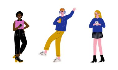 Akıllı Telefon Kullanarak Müzik Dinleyen ve Konuşan Vektör Ayarları Yapan İnsanlar Karakteri