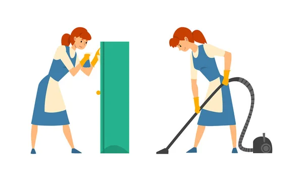 Servicio de limpieza con Mujer en Delantal Aspirando Piso y Set de Vectores Polvorientos — Archivo Imágenes Vectoriales