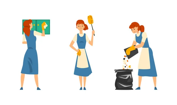 Úklidová služba se ženou v zástěře Pracovní Odpad a prach Vektorová sada — Stockový vektor