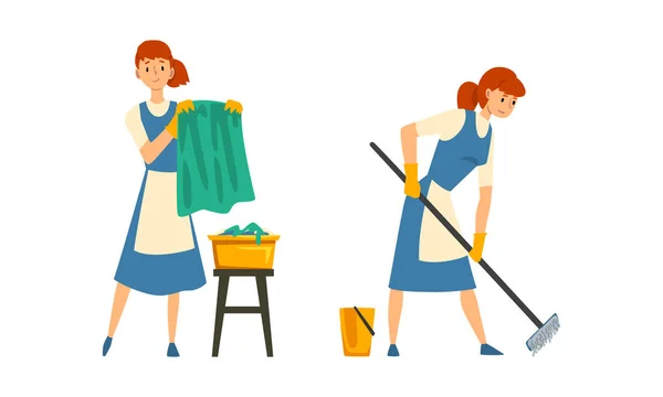 Servicio de Limpieza con Mujer en Delantal de Trabajo de Mopping Piso y Doing Laundry Vector Set — Vector de stock