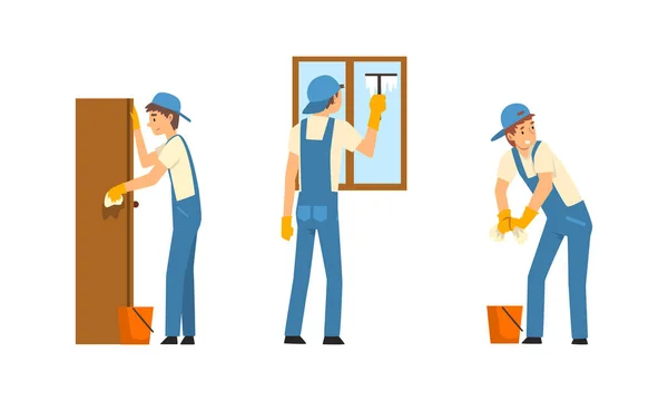 Serviço de limpeza com homem em azul geral e luvas de borracha trabalhando espanando guarda-roupa e esfregando conjunto de vetores de janela — Vetor de Stock
