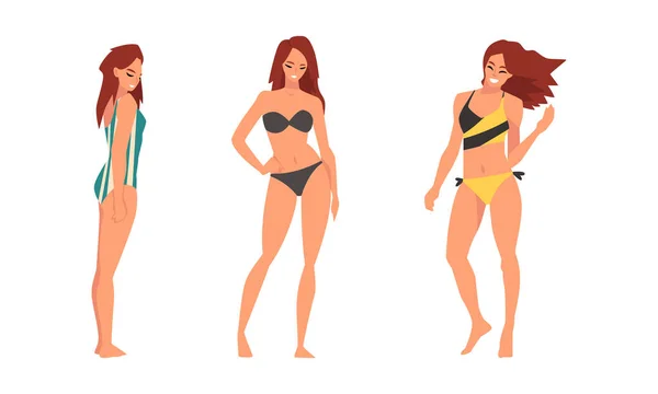 Jeune femme en maillot de bain ayant un corps mince debout et posant ensemble vectoriel — Image vectorielle