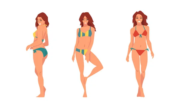 Young Woman in Swimsuit Having Slim Body Standing and Posing Vector Set — Stock Vector