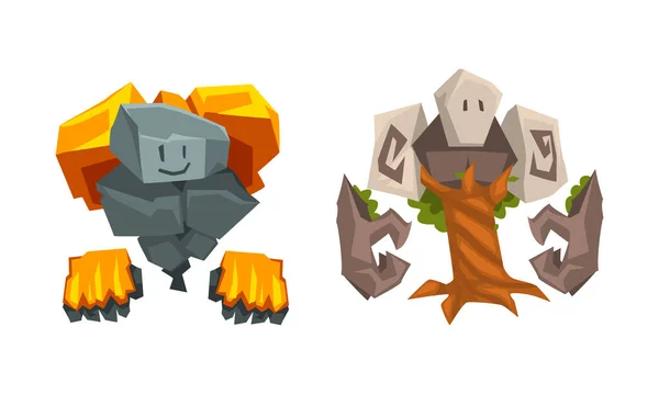 Conjunto de vectores de criatura elemental fantástica de piedra y árbol — Vector de stock