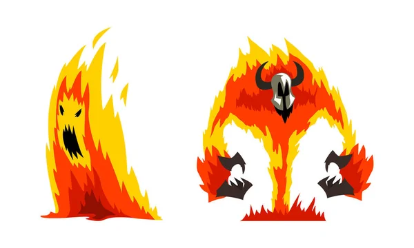 Fuego rugiente con cuernos como fantástico conjunto de vectores de criatura elemental — Vector de stock