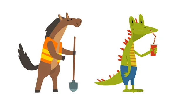 Humanized Animals of Different Professions with Horse Asfalt Worker and Crocodile Drinking Cocktail Vector Set — Stockvector