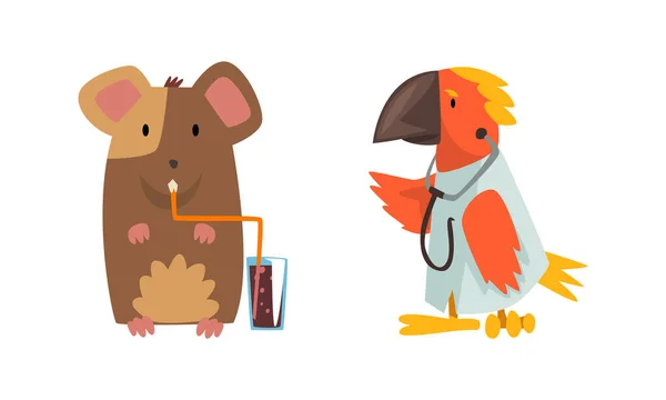 Humanized Animals of Different Professions with Parrot Doctor with Stethoscope and Mouse Drinking Cocktail with Straw Vector Set — Stockový vektor