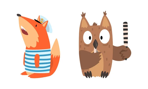 Humanized Animals of Different Professions with Fox Sailor and Owl Police Officer Vector Set — Stockový vektor