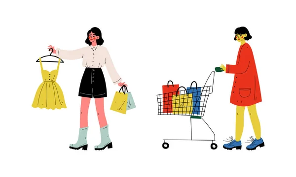 Женщина с мешками для покупок в торговом центре — стоковый вектор