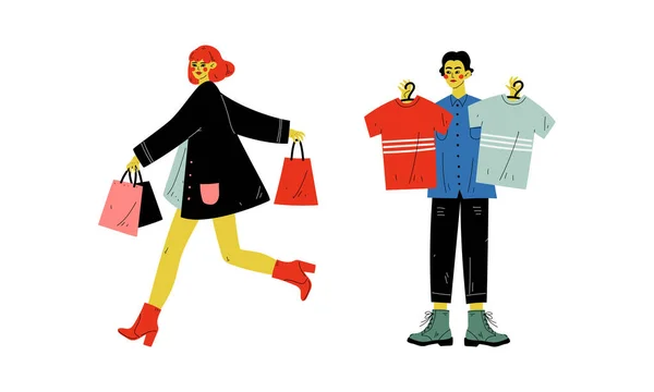 Hombre y mujer con bolsas de compras haciendo compra en el centro comercial conjunto de vectores — Archivo Imágenes Vectoriales