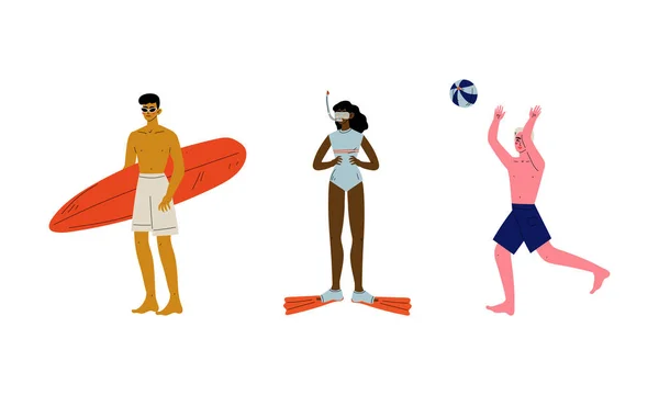 Personnages de personnes ayant des vacances d'été sur la mer port de maillot de bain et de bain de soleil ensemble vectoriel — Image vectorielle