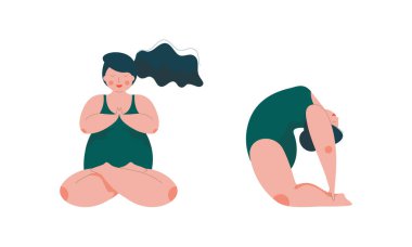 Artı Koyu renk saçlı kadın Yoga yapıyor Asana Vector Set 'te duruyor