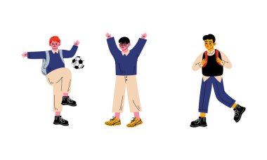 Okul çantalı çocuk top oynuyor ve ellerini kaldırıyor.