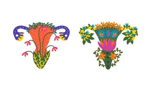 Матка или утроба, образованная из цветов и растений, как векторный набор органов здоровой женской репродуктивной системы — стоковый вектор