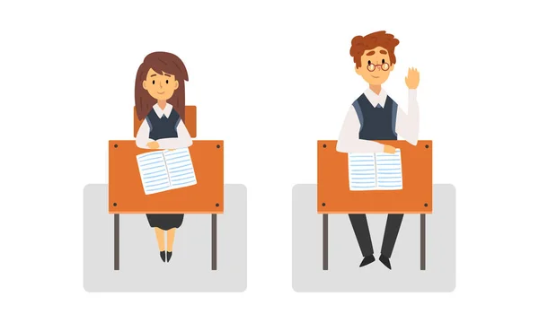 Αγόρι και κορίτσι μαθητής ή φοιτητής που κάθεται στο γραφείο έχοντας το σχολείο Μάθημα Front View Vector Set — Διανυσματικό Αρχείο