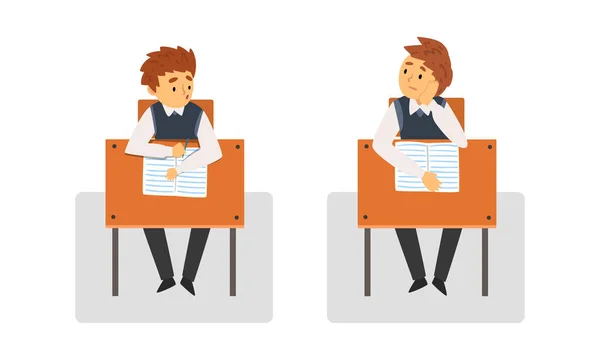 Étudiant ou élève assis au bureau ayant une leçon d'école Vue de face Ensemble vectoriel — Image vectorielle