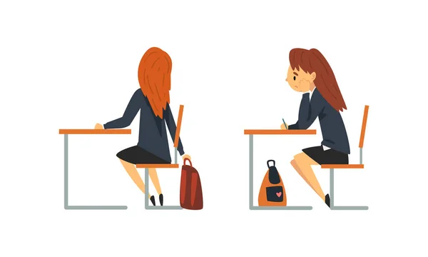Étudiante ou étudiante assise au bureau ayant une leçon d'école Vue de côté Ensemble vectoriel — Image vectorielle