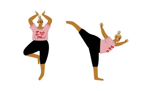 Plus Size Woman in Pink Sweatshirt Doing Yoga Standing in Asana Vector Set — 스톡 벡터