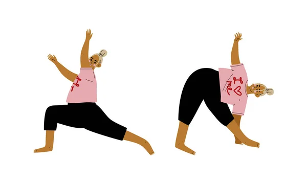 Plus Size Woman in Pink Sweatshirt Doing Yoga Standing in Asana Vector Set — 스톡 벡터