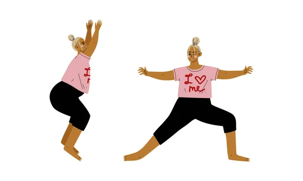 Plus Size Woman in Pink Sweatshirt Doing Yoga Standing in Asana Vector Set — 스톡 벡터