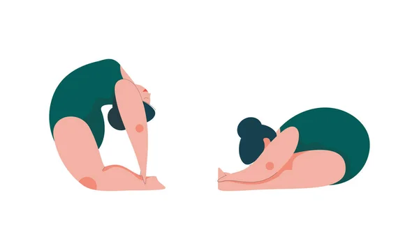 Plus Size Woman in Bodysuit Doing Yoga Standing in Asana Vector Set — 스톡 벡터