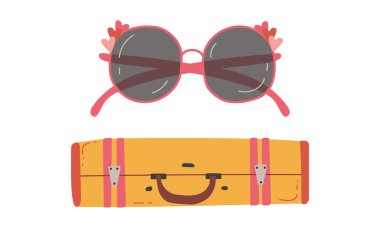 Seyahat ve Turizm Sembol Vektörü olarak Bavul veya Bagaj ve Güneş Gözlüğü Ayarları