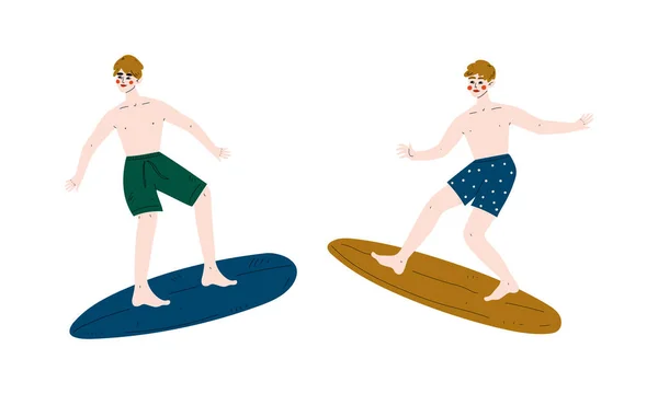 Man Surfer met surfplank paardrijden op bewegende golf vectorset — Stockvector