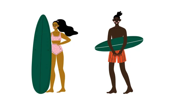 Man and Woman Surfer Standing with Surfboard Vector Set — Stock Vector