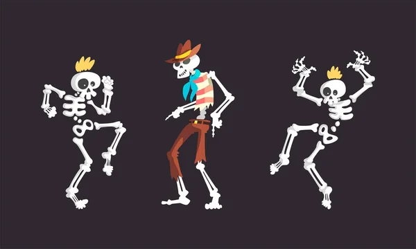 Esqueleto óseo personaje bailando juego de vectores de extremidades móviles — Vector de stock