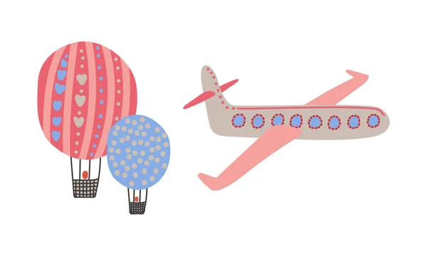 Balão de ar quente e avião como conjunto de vetor de símbolo de viagens e turismo — Vetor de Stock