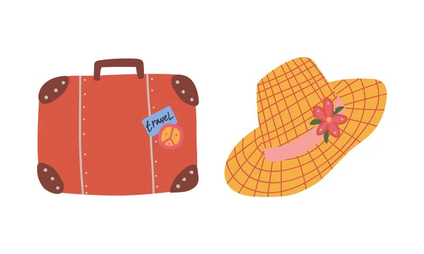 Bagage eller bagagelucka och halm hatt som resor och turism Symbol Vector Set — Stock vektor