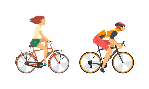 Young Man and Woman Riding Bicycle Enjoying Vacation or Weekend Activity Vector Set — Stock Vector