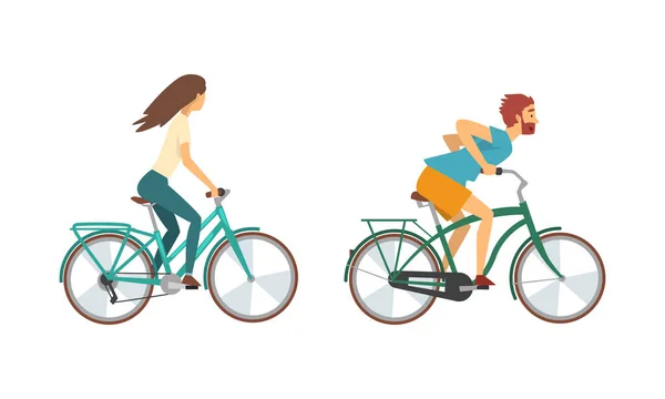 Joven y mujer montando en bicicleta disfrutando de vacaciones o conjunto de vectores de actividad de fin de semana — Vector de stock